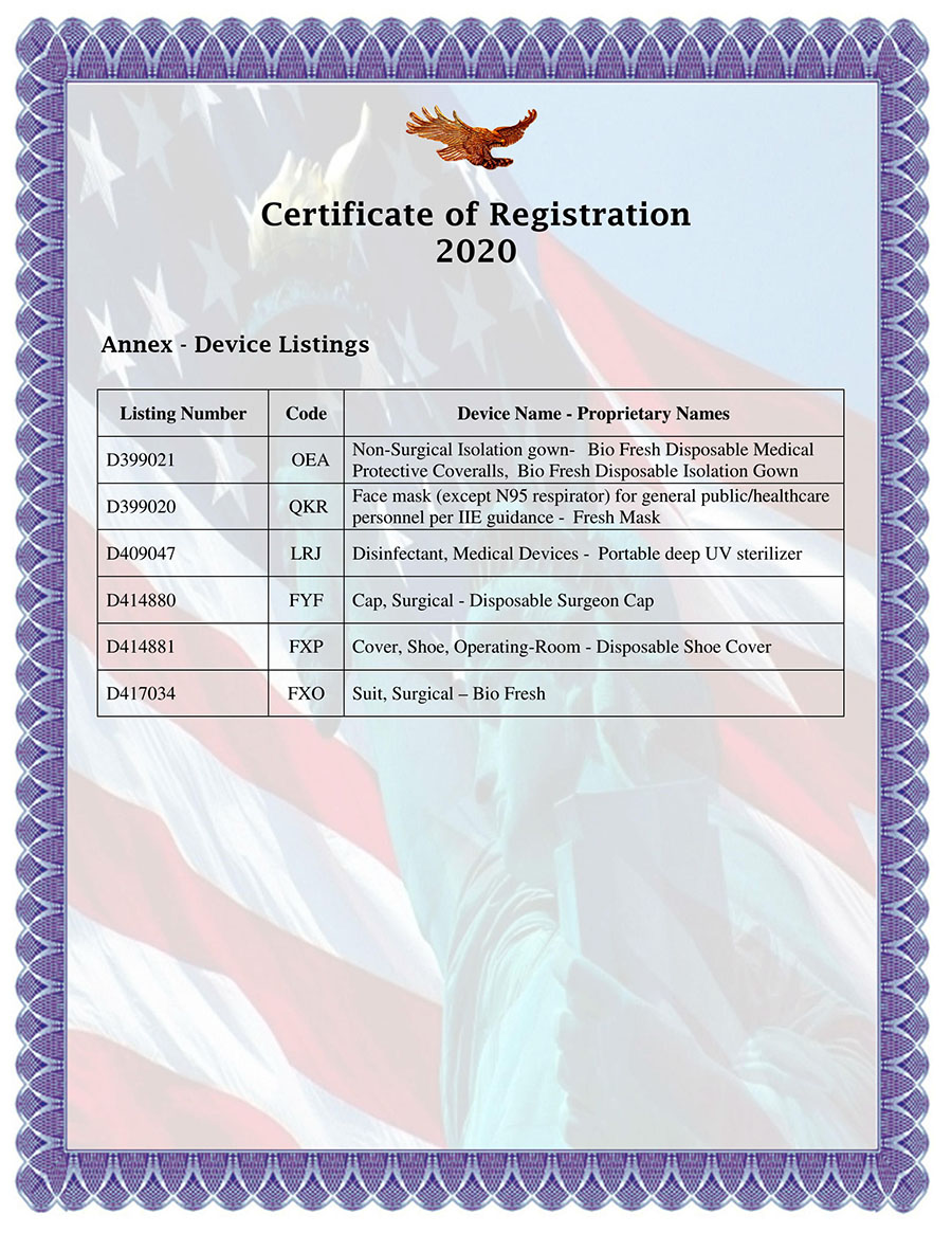 Fresh Mask - FDA Certificate